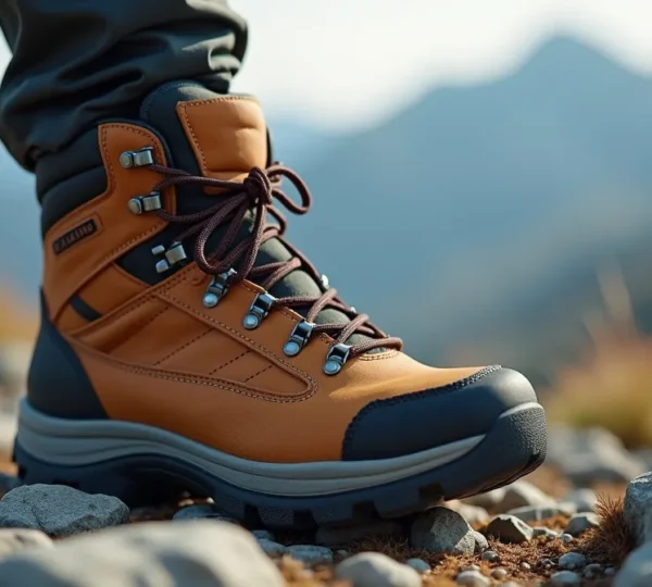 Pied d'un randonneur en chaussures de marche sur un sentier rocheux