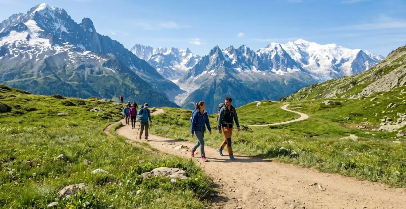 Sentier de randonnée serpentant dans un massif alpin français sous un ciel d'été lumineux