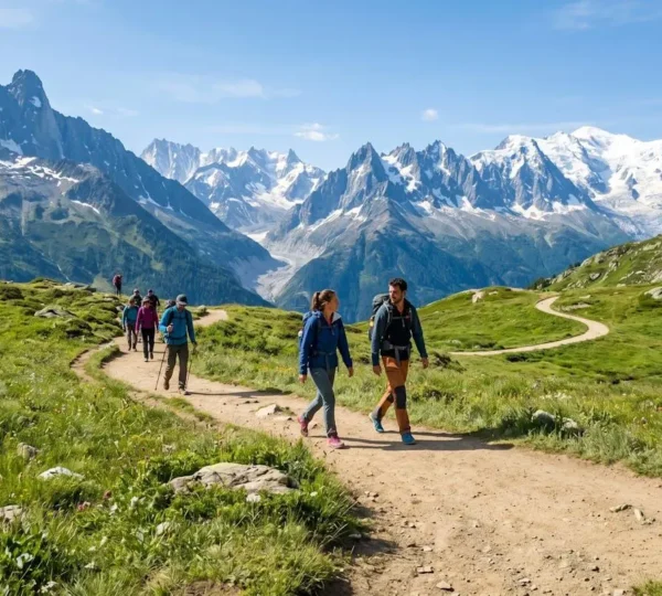 Sentier de randonnée serpentant dans un massif alpin français sous un ciel d'été lumineux